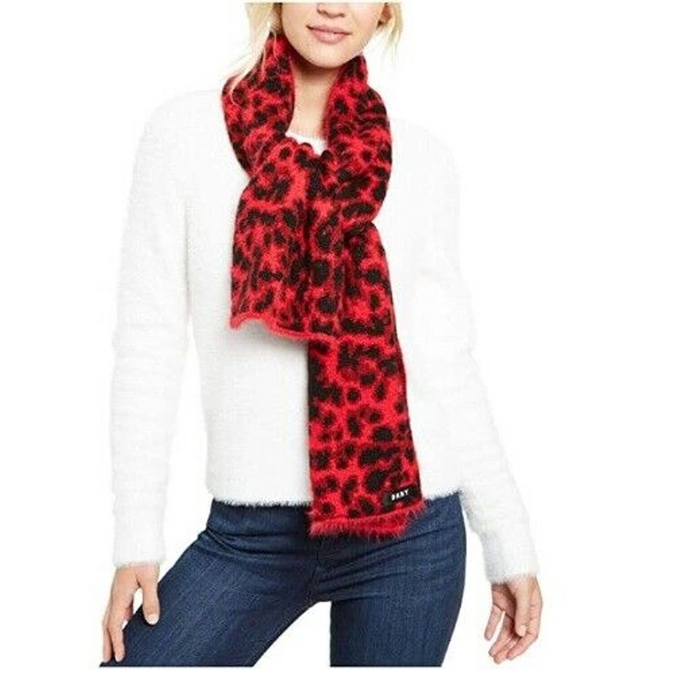 DKNY Fuzzy Animal Printed Knit Scarf Wrap Red